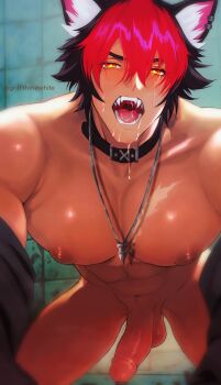1boy abs animal_ears black_choker black_hair choker commentary dog_boy dog_ears drooling english_commentary erection fangs griffith_white highres inverted_nipples jewelry komano_manato male_focus multicolored_hair necklace nipples pectorals penis red_eyes red_hair scar scar_on_chest scar_on_face zenless_zone_zero