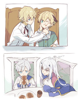 2boys 2girls absurdres aged_down ascot black_cross_tie blonde_hair blue_cape blue_eyes blush_stickers brother_and_sister brown_hair cape chair closed_mouth collared_shirt commentary cross_tie cup eating fate/grand_order fate_(series) food food_on_face forked_eyebrows frilled_sleeves frills gareth_(fate) gawain_(fate) green_eyes green_shirt grey_hair hair_between_eyes hair_flaps hair_ornament hand_on_another's_cheek hand_on_another's_face highres holding_bread holding_napkin long_hair long_sleeves looking_at_another melusine_(fate) melusine_(second_ascension)_(fate) multicolored_hair multiple_boys multiple_girls on_chair one_eye_closed parted_lips percival_(fate) plate shirt short_hair siblings side_cape sitting smile streaked_hair table twitter_username white_ascot white_hair white_shirt wiping_another's_face wolf_ggwin yellow_eyes
