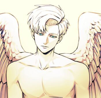 Rule 34 | 1boy, absurdres, blue eyes, chi.: chikyuu no undou ni tsuite, closed mouth, collarbone, feathered wings, grntr 260106, highres, male focus, no nipples, nude, rafal (chi.), short hair, solo, spread wings, upper body, wings