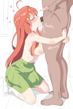 1boy 1girl ahoge bar_censor blush breasts censored closed_eyes fellatio go-toubun_no_hanayome green_skirt hair_ornament hair_over_shoulder heart hetero highres hug hug_and_suck kneeling large_breasts long_hair nakano_itsuki nipples oral penis red_hair saliva sincos skirt socks solo_focus star_(symbol) star_hair_ornament sweat topless_female white_socks
