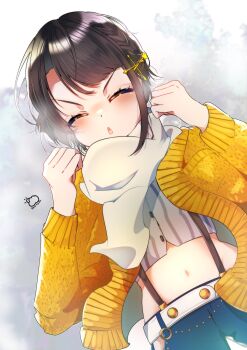 1girl absurdres artist_name belt blue_shorts blush braid breath brown_hair cardigan chestnut_mouth clenched_hands closed_eyes emutakanoe grey_shirt hair_ornament hairclip highres hololive midriff navel oozora_subaru oozora_subaru_(suspenders) open_cardigan open_clothes pinstripe_pattern pinstripe_shirt scarf shirt short_hair shorts side_braid signature solo star_(symbol) suspender_shorts suspenders swept_bangs v-shaped_eyebrows virtual_youtuber wallet_chain white_belt white_scarf yellow_cardigan