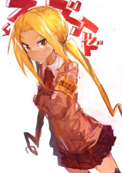 1girl absurdres armband blazer blonde_hair closed_mouth commentary crossed_arms dutch_angle female_focus hagimura_suzu highres jacket kaamin_(mariarose753) long_hair long_sleeves looking_at_viewer miniskirt safety_pin school_uniform seitokai_yakuindomo simple_background skirt solo thighhighs thighs translated twintails white_background yellow_eyes