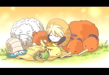 1girl ararararagi caterpie doduo gen_1_pokemon graveler hat letterboxed nintendo omanyte pika_(pokemon) pikachu pokemon pokemon_(creature) pokemon_adventures pokemon_special_anime raticate sleeping yellow_(pokemon)