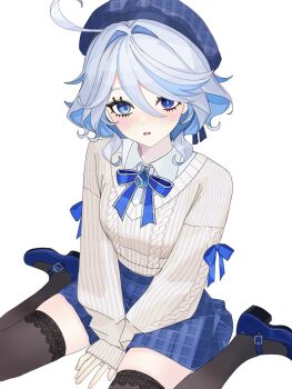 1girl ahoge alternate_costume beret black_thighhighs blue_bow blue_bowtie blue_eyes blue_gem blue_hair blue_hat blue_pupils blue_shoes blue_skirt blush bow bowtie collared_shirt commentary drop-shaped_pupils furina_(genshin_impact) gem genshin_impact hair_between_eyes hair_intakes hat heterochromia highres lace lace-trimmed_thighhighs lace_trim long_sleeves looking_at_viewer mary_janes mismatched_pupils multicolored_hair open_mouth rea_0523 shirt shoes short_hair simple_background sitting skindentation skirt sleeves_past_wrists solo streaked_hair sweater symbol-shaped_pupils thighhighs wariza white_background white_shirt