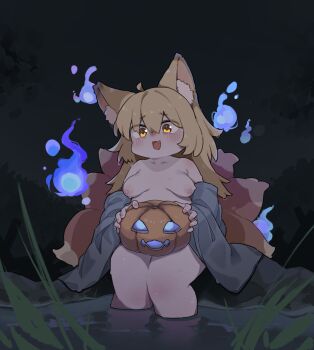 1girl absurdres ahoge animal_ear_fluff animal_ears blonde_hair blush breasts breasts_apart commentary_request eyes_visible_through_hair hair_between_eyes hair_over_eyes highres jack-o'-lantern long_hair looking_at_viewer medium_breasts multiple_tails nipples open_mouth original outdoors partially_submerged sitting solo sweat tail thick_thighs thighs translation_request water yellow_eyes zao_(pixiv_15847342)