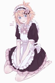 Rule 34 | 1boy, alternate costume, antenna hair, basil (faraway) (omori), basil (omori), blonde hair, blue eyes, blush, ch0b1n1, character name, commentary request, crossdressing, crossdressing (mtf), double-parted bangs, english text, enmaided, flower, hair between eyes, hair flower, hair ornament, highres, korean commentary, looking at viewer, maid, maid headdress, male focus, male maid, omori, open mouth, seiza, short hair, short sleeves, sidelocks, simple background, sitting, socks, solo, sweatdrop, white background, white socks