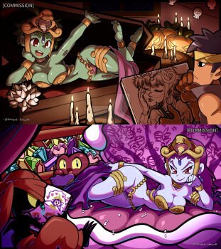2boys 2girls alternate_costume alternate_hairstyle armor artist_name bandana bed bolo_(shantae) breasts candle cape coffin colored_skin curtains dancer_shantae draw_me_like_one_of_your_french_girls_(meme) drawing_(object) english_text feet fire gem gloves gold green_hair green_skin hair_ornament large_breasts meme multiple_boys multiple_girls octopus paper pumpkin purple_hair red_eyes risky_boots rottytops shantae shantae_(series) smile snake_hair_ornament soles squid_baron tinkerbat titanic_(movie) treasure_chest unhinged_honey yellow_sleeves