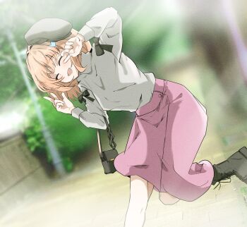 Rule 34 | 1girl, :d, ^ ^, absurdres, beret, black boots, black bow, black hat, blurry, blurry background, boots, bow, closed eyes, commentary, facing viewer, hair intakes, hair ornament, hat, highres, hinoshita kaho, hinoshita kaho (first date), lace-up boots, leg up, link! like! love live!, llb, love live!, medium skirt, open mouth, orange hair, pink skirt, rabbit hair ornament, skirt, smile, solo, sweater, two side up, v, virtual youtuber, w, white sweater