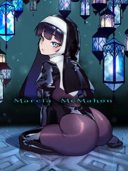 1girl ass black_hair blue_eyes blush bodysuit bodysuit_under_clothes breasts coif elbow_gloves gloves habit highres lantern looking_at_viewer looking_back medium_breasts nun original reflection ryuu_tou shrug_(clothing) skin_tight solo thighhighs