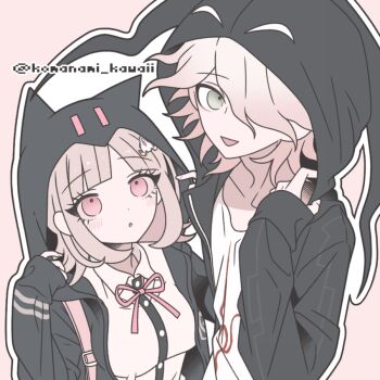 1girl :d breasts brown_hair collarbone collared_shirt commentary_request danganronpa_(series) danganronpa_2:_goodbye_despair flipped_hair grey_hair hair_ornament hood hood_up jacket komaeda_nagito komanami_kawaii long_sleeves looking_at_viewer medium_hair nanami_chiaki neck_ribbon open_clothes open_jacket open_mouth pink_eyes pink_ribbon print_shirt ribbon shirt smile white_shirt