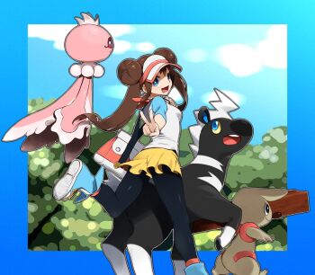 10s 1girl :d agemono bad_id bad_pixiv_id bag black_eyes black_pantyhose blitzle blue_eyes breasts brown_hair colored_sclera creature double_bun frillish gen_5_pokemon hair_bun legs long_hair medium_breasts nintendo open_mouth outline pantyhose pokemon pokemon_(creature) pokemon_bw2 rosa_(pokemon) shorts skirt smile timburr twintails v visor_cap white_outline yellow_sclera