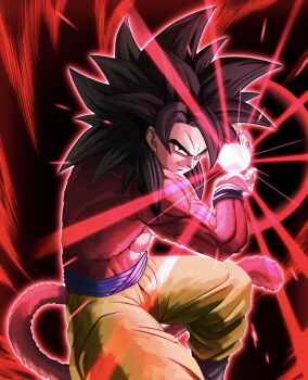 Rule 34 | 1boy, abs, absurdres, armband, biceps, big hair, black armband, black boots, black hair, blue sash, body fur, boots, commentary, dragon ball, dragon ball gt, energy, energy ball, eyeliner, glowing, highres, kamehameha (dragon ball), looking at viewer, makeup, monkey tail, muscular, muscular male, outline, pants, red background, red fur, red outline, sash, smirk, solo, son goku, spiked hair, studio viga, super saiyan, super saiyan 4, tail, thick eyebrows, topless male, v-shaped eyebrows, waist sash, yellow eyes, yellow pants