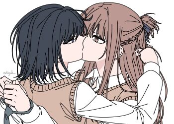 2girls a_jak black_hair blue_eyes bound bound_wrists braid brown_eyes brown_hair brown_sweater_vest collared_shirt half_up_braid hand_in_another&#039;s_hair kiss medium_hair miyagi_shiori multiple_girls sendai_hazuki shirt shuuniichido_classmate_wo_kau_hanashi simple_background sweater_vest white_background white_shirt yuri