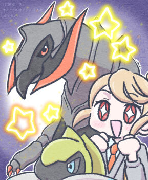 Rule 34 | 1girl, alternate color, aqua eyes, black sclera, brown hair, closed mouth, collared shirt, colored sclera, commentary request, dated, evolutionary line, fraxure, gen 5 pokemon, grey jacket, grey sclera, haxorus, highres, hotoketto16, jacket, juliana (pokemon), long sleeves, naranja academy school uniform, necktie, nintendo, open mouth, orange necktie, outline, pokemon, pokemon (creature), pokemon sv, purple background, red eyes, school uniform, shiny pokemon, shirt, sidelocks, smile, star (symbol), translation request, white outline, white shirt