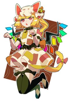 1girl animal_ears bell black_footwear black_thighhighs blonde_hair bloomers cat_ears cat_tail chamaruk cosplay crystal flandre_scarlet full_body goutokuji_mike goutokuji_mike_(cosplay) hat highres mob_cap multicolored_shirt multicolored_skirt neck_bell one_side_up patchwork_clothes paw_pose red_eyes side_ponytail skirt skirt_set tail thighhighs touhou underwear white_headwear wings yellow_tail