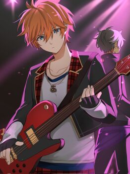 akehoshi_subaru bbahot black_gloves black_jacket blue_eyes closed_mouth commentary cropped_jacket ensemble_stars! fingerless_gloves gloves grey_hair guitar hair_between_eyes highres instrument jacket jewelry korean_commentary light_particles light_rays long_sleeves male_focus music necklace ogami_koga orange_hair playing_guitar playing_instrument shirt short_hair white_shirt