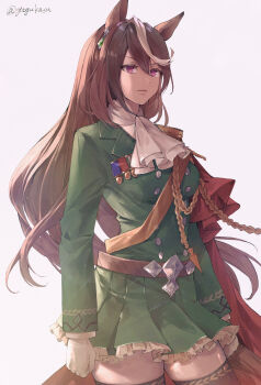 Rule 34 | 1girl, absurdres, aiguillette, animal ears, black thighhighs, blush, brown hair, cape, commentary request, cowboy shot, earrings, epaulettes, green jacket, hair between eyes, highres, horse ears, horse girl, horse tail, jacket, jewelry, long hair, long sleeves, looking at viewer, medal, multicolored hair, parted lips, petticoat, purple eyes, red cape, simple background, single earring, single epaulette, skirt, solo, streaked hair, symboli rudolf (umamusume), tail, thighhighs, umamusume, white hair, yogukasu