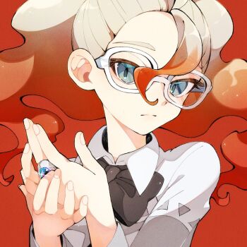 1girl black_bow black_bowtie blue_eyes bow bowtie commentary_request fingernails glasses gradient_hair grey_hair grey_shirt griselle_(pokemon) gu_gu12435 highres jewelry long_hair mega_stone multicolored_hair nintendo pokemon pokemon_legends:_z-a red_background red_hair ring shirt