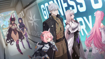 1boy 5girls absurdres armor black_coat black_hair black_leotard black_skirt blue_hair boots breastplate breasts brown_pants brown_shirt cecil_(nikke) coat commentary_request dorothy_(nikke) dress goddess_of_victory:_nikke grey_hair harran_(nikke) highres horns inherit_(nikke) isabel_(nikke) johan_(nikke) large_breasts leotard long_hair mechanical_boots mechanical_horns military_uniform multiple_girls noah_(nikke) pants pencil_skirt pink_eyes pink_horns purple_boots purple_hair shirt short_hair skirt small_breasts very_long_hair white_dress white_hair white_shirt wonfle10