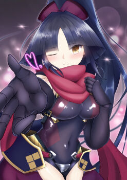 1girl absurdres black_hair blowing_kiss blush breasts commentary_request fate/grand_order fate_(series) highres joints katou_danzou_(fate) long_hair looking_at_viewer mechanical_arms medium_breasts moyashi_(pixiv44153669) one_eye_closed ponytail robot_girl robot_joints smile yellow_eyes