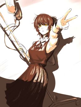 Rule 34 | 1girl, 8nocheese, breasts, closed mouth, collared shirt, dress, eri (sayonara eri), frown, highres, intravenous drip, long sleeves, medium breasts, medium hair, neck ribbon, outstretched arm, pinafore dress, ribbon, sayonara eri, school uniform, shirt, sleeveless, sleeveless dress, solo, v