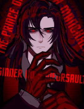 1boy black_coat black_hair character_name coat collared_shirt expressionless facing_viewer gloves glowing glowing_eyes highres la_manchaland_(identity)_(project_moon) limbus_company long_hair long_sleeves looking_at_viewer meursault_(project_moon) parted_bangs project_moon red_eyes red_gloves red_sash red_theme sash shirt solo tomoart985 twitter_username vampire white_shirt