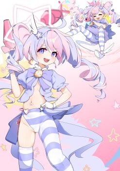 1girl absurdres blue_archive cameltoe drill_hair gloves hair_ornament halo highres holding holding_rocket_launcher holding_weapon magical_girl marshal_(artist) multicolored_hair navel official_alternate_costume official_alternate_hairstyle pantyhose pink_hair puffy_short_sleeves puffy_sleeves purple_eyes purple_hair reisa_(blue_archive) reisa_(magical)_(blue_archive) rocket_launcher short_sleeves single_leg_pantyhose single_thighhigh star_(symbol) star_hair_ornament star_halo striped_clothes striped_pantyhose striped_thighhighs thighhighs twin_drills two-tone_hair weapon white_gloves wing_hair_ornament