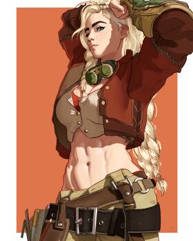 1girl abs absurdres asymmetrical_hair belt blonde_hair braid breasts cleavage cowboy_shot crop_top cropped_jacket froggystyleart gemma_(monster_hunter_wilds) goggles goggles_around_neck green_eyes highres jacket leather leather_belt leather_jacket lips long_hair looking_at_viewer midriff monster_hunter_(series) monster_hunter_wilds multiple_braids navel open_clothes open_jacket orange_background ponytail simple_background solo standing toned toned_female tool_belt tools