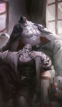 2boys abs absurdres animal_ears arknights bara black_hat black_jacket black_pants black_tank_top bottle chibavu1401 claws closed_mouth commentary dislyte english_commentary fangs furry furry_male grin hat highres jacket jewelry jin_qiu_(ru_shou)_(dislyte) looking_at_viewer male_focus mountain_(arknights) multiple_boys multiple_rings muscular muscular_male open_clothes open_shirt pants pectoral_cleavage pectorals ring shirt sitting smile sunglasses tail tank_top tiger tiger_boy tiger_ears tiger_tail whiskers white_fur white_shirt white_tiger