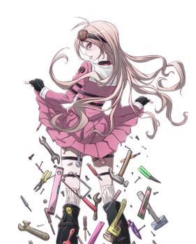1girl :p antenna_hair black_choker black_footwear black_gloves blonde_hair choker clothes_lift danganronpa_(series) danganronpa_v3:_killing_harmony feet_out_of_frame fingerless_gloves gloves goggles goggles_on_head hammer highres iruma_miu long_hair looking_back monogatari_(series) pink_shirt pink_skirt pleated_skirt senjougahara_hitagi_skirt_lift_pose shirt simple_background skirt skirt_lift solo tongue tongue_out tools white_background wibboo