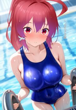 1girl ahoge blue_one-piece_swimsuit blush breasts competition_swimsuit covered_navel day dorachan_r hair_ribbon highres i-168_(kancolle) kantai_collection lane_line large_breasts long_hair looking_at_viewer one-piece_swimsuit ponytail pool pool_ladder red_eyes red_hair ribbon school_swimsuit smile solo swimsuit twitter_username water wet wet_clothes wet_hair wet_swimsuit