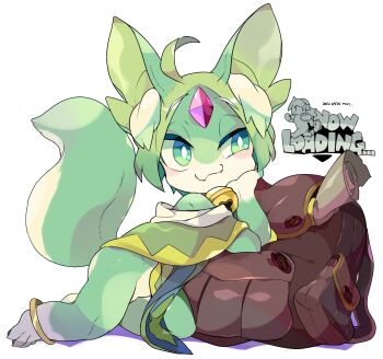 1boy animal_ear_fluff anklet backpack bag bell blush bottomless bright_pupils dated fangs flaccid forehead_jewel furry furry_male green_eyes green_hair half-closed_eyes head_rest highres jewelry jingle_bell male_focus maru_show original penis penis_peek shota simple_background smile solo tail unworn_backpack unworn_bag white_background white_pupils