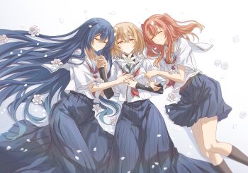 3girls absurdres black_choker blue_hair brown_eyes brown_hair choker closed_eyes closed_mouth flower hair_between_eyes highres holding_hands innoarukugyou lily_(flower) locked_arms long_hair lying multiple_girls neckerchief oumi_shiori red_hair red_neckerchief sailor_collar school_uniform serafuku shirt short_hair short_sleeves simple_background skirt smile two_side_up undershirt watashi_wo_tabetai_hitodenashi white_background white_sailor_collar white_shirt yaotose_hinako yashiro_miko yuri
