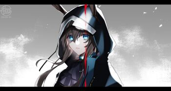 1girl amiya_(arknights) animal_ears arknights ascot black_jacket blue_eyes brown_hair grey_background hair_between_eyes hood hood_up hooded_jacket infection_monitor_(arknights) jacket letterboxed long_hair looking_at_viewer open_clothes open_jacket parted_lips purple_ascot rabbit_ears rabbit_girl solo teeth umeno_shii upper_body