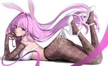 1girl animal_ear_hairband animal_ears bare_shoulders black_gloves black_pantyhose blush bra breasts commentary elbow_gloves english_commentary fake_animal_ears fingernails from_side full_body gloves hairband high_heels highres hooked_on_heel lace lace-trimmed_bra lace_gloves lace_pantyhose lace_pantyhose_hooked_on_heel_(meme) lace_trim large_breasts lilia_(pattikou) long_hair looking_at_viewer lying meme nail_polish no_panties on_stomach original pantyhose parted_lips pattikou pink_hair pink_nails purple_eyes rabbit_ears shoes solo twitter_username underwear very_long_hair white_bra white_hairband white_shoes