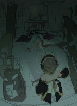 2girls absurdres black_dress blood brown_hair columbina_(genshin_impact) dress genshin_impact highres long_hair looking_at_another looking_down meme_request mengaijiang924 multiple_girls open_door purple_hair sandrone_(genshin_impact) short_hair toilet_paper white_dress wings