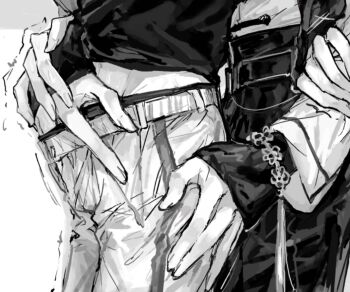 2boys belt bracelet chinese_knot close-up greyscale groin groping hand_grab hand_in_another's_panties hand_on_another's_ass hand_on_another's_crotch hand_on_another's_thigh hand_under_clothes head_out_of_frame holding_another's_arm jewelry long_sleeves lower_body male_focus male_underwear midriff_peek monochrome multiple_boys navel panties pants shiguang_dailiren shirt simple_background sleeves_past_wrists sweat tassel trembling tyoookozuki undershirt underwear white_background xia_fei xiao_weiying yaoi