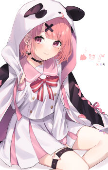1girl absurdres animal_hood black_choker blunt_bangs blush bow bowtie braid choker closed_mouth commentary_request cross-laced_clothes cross-laced_sleeves hair_ornament heart heart_o-ring highres hood hooded_jacket jacket long_skirt looking_at_viewer mole mole_under_eye nijisanji o-ring o-ring_thigh_strap official_alternate_costume panda_earrings panda_hood pink_eyes pink_hair pink_sailor_collar pleated_skirt red_bow red_bowtie sailor_collar sasaki_saku sasaki_saku_(6th_costume) school_uniform serafuku shirt short_hair side_braid sitting skirt smile solo thigh_strap two-tone_skirt virtual_youtuber white_serafuku white_shirt white_skirt x_hair_ornament yokozuwari yuzutouhu_ika