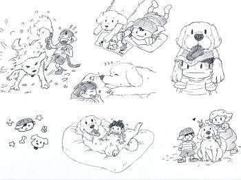 1boy 2girls aged_down baseball_cap black_hair dog drooling greyscale hat heart highres king_(mother_2) monochrome mother_(series) mother_2 multiple_girls multiple_views ness&#039;s_mother ness_(mother_2) nintendo shirt shoes shorts smile sneakers socks striped_clothes striped_shirt tenten_kaskas tongue tongue_out tracy_(mother_2) v