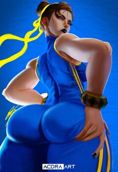 1girl acdramon alternate_costume artist_name ass ass_focus ass_support bandaid bandaid_on_face bandaid_on_nose bare_shoulders black_lips black_nails blue_background blue_bodysuit bodysuit bracelet breasts brown_eyes brown_hair brown_lips capcom chun-li commentary deep_skin double_bun earrings english_commentary eyeliner eyeshadow fingernails from_behind from_below grabbing_own_ass hair_bun hair_ribbon highres huge_ass jewelry lips lipstick looking_at_viewer looking_back makeup muscular muscular_female nail_polish nose ribbon short_hair skin_tight sleeveless solo spiked_bracelet spikes street_fighter street_fighter_zero_(series) thick_thighs thighs toned unitard yellow_ribbon