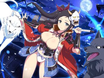 1girl animal animal_ears architecture armor blood bloody_weapon blush bow breasts brown_hair building castle cleavage cleaver cloud east_asian_architecture fangs floral_print full_moon fundoshi green_eyes hair_ribbon hannya haori holding holding_weapon japanese_armor japanese_clothes kagerou_(senran_kagura) kotarou_(senran_kagura) kote kurokote kusazuri large_breasts long_hair looking_at_viewer mask mask_on_head moon murakumo_(senran_kagura) navel night noh_mask official_art oni_mask outdoors ribbon senran_kagura senran_kagura_new_link senran_kagura_shinovi_versus shoulder_armor side_ponytail sky sode solo star_(sky) starry_sky tail tile_roof weapon white_wolf wolf wolf_ears wolf_tail yaegashi_nan