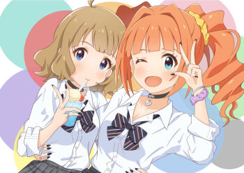 2girls :d ahoge anime_coloring aqua_eyes bangle black_bow black_bowtie black_choker black_nails blue_eyes blue_hawaii blunt_bangs blush bow bowtie bracelet breasts child choker cleavage closed_mouth collarbone collared_shirt concept_gyarus_(idolmaster) curtained_hair diagonal-striped_bow diagonal-striped_bowtie diagonal-striped_clothes dot_nose drinking drinking_straw eyelashes fingernails food grey_skirt gyaru gyaru_v hair_ornament hair_scrunchie hand_on_another's_waist hand_up heart heart_choker ice_cream ice_cream_float idolmaster idolmaster_(classic) idolmaster_million_live! idolmaster_million_live!_theater_days jewelry kogal long_fingernails looking_at_viewer loose_bowtie medium_hair multiple_girls nail_polish official_alternate_costume one_eye_closed open_collar open_mouth plaid_clothes plaid_skirt pleated_skirt purple_scrunchie revision school_uniform scrunchie shirt sidelocks silver_bangle silver_bracelet silver_ring skirt sleeves_rolled_up small_breasts smile striped_bow striped_bowtie striped_clothes suou_momoko takatsuki_yayoi tasogare0101 twintails upper_body v w wavy_hair white_shirt wrist_scrunchie yellow_scrunchie