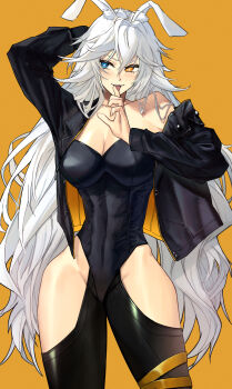 1girl animal_ears arm_behind_head black_jacket black_leotard black_pants blue_eyes blush breasts bright_pupils cleavage clothes_pull clothing_cutout collarbone commentary commission covered_abs cowboy_shot cropped_jacket english_commentary eyelashes finger_to_tongue fingernails groin hair_between_eyes heterochromia highres hip_vent jacket jacket_pull large_breasts leotard long_hair long_sleeves looking_to_the_side madoro_q original pants parted_lips rabbit_ears simple_background single_bare_shoulder skeb_commission solo star-shaped_pupils star_(symbol) symbol-shaped_pupils teeth thighs tongue tongue_out upper_teeth_only very_long_hair white_hair white_pupils yellow_background yellow_eyes