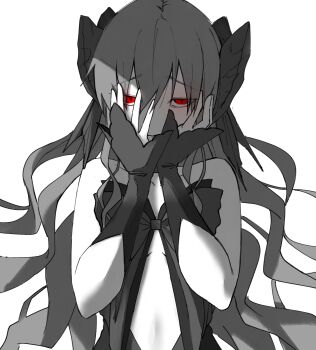 Rule 34 | 1girl, bow, clothing cutout, dead apostle noel (tsukihime), dress bow, hair between eyes, hair bow, hands on own face, highres, leotard, long hair, looking at viewer, monochrome, multiple hair bows, noel (tsukihime), q osakanaaa, red eyes, smile, tsukihime, tsukihime (remake), vampire, wavy hair, white background
