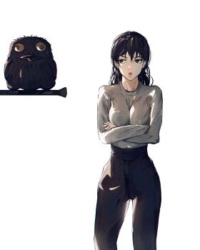 1girl absurdres big_chunger bird black_eyes black_hair black_pants chainsaw_man crossed_arms grey_shirt highres long_hair mitaka_asa open_mouth pants shirt shirt_tucked_in simple_background sweatdrop war_devil_(chainsaw_man) white_background