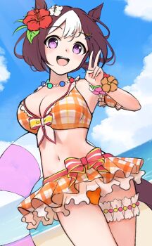 1girl animal_ears arm_garter bare_shoulders beach bead_necklace beads bikini bikini_skirt blue_sky breasts brown_hair cleavage cloud commentary_request ear_flower flower frilled_bikini frills hair_flower hair_ornament hairclip hibiscus highres holding holding_swim_ring horse_ears horse_girl horse_tail innertube jewelry large_breasts looking_at_viewer multicolored_hair navel necklace ocean official_alternate_costume orange_bikini outdoors plaid_bikini plaid_clothes purple_eyes short_hair sky special_week_(hopp'n_happy_heart)_(umamusume) special_week_(umamusume) stomach swim_ring swimsuit tail two-tone_hair uine_(bobhairshuki) umamusume water white_hair wrist_flower