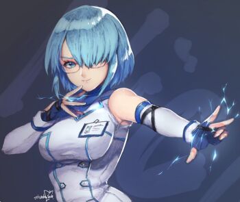 1girl blue_eyes blue_hair bob_cut dead_or_alive dead_or_alive_6 female_focus glasses nico_(doa) short_hair simple_background text_focus