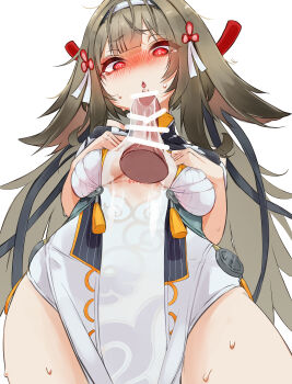 1boy 1girl @_@ absurdres accessories bar_censor blush breasts brown_hair censored china_dress chinese_clothes clover clover_hair_ornament commentary_request cowboy_shot disembodied_penis dress from_below hair_ornament hairband heart highres imminent_fellatio large_variant_set long_hair looking_at_penis looking_down medium_breasts open_mouth penis pochi_ta precum red_eyes see-through_clothes simple_background speech_bubble sweat tears thought_bubble through_clothes torn_clothes torn_dress variant_set veins veiny_penis very_long_hair white_background white_dress white_hairband ye_shunguang zenless_zone_zero