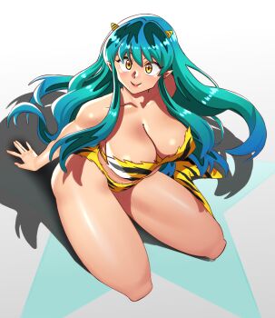 1980s_(style) 1girl animal_print bikini breasts cleavage commentary english_commentary green_hair highres horns large_breasts looking_at_viewer lum oldschool oni retro_artstyle smile solo swimsuit takahashi_rumiko_(style) thaxilldingoo tiger_print urusei_yatsura yellow_eyes