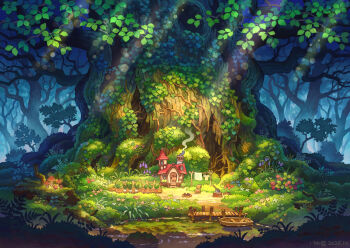 axe blue_flower boat campfire chair chimney commentary_request dated dock door fantasy flower forest house kemi_neko lens_flare light_rays log moss mushroom nature no_humans oar original red_flower rowboat scenery signature smoke smoke_trail spire sunbeam sunlight tree water watercraft window wooden_boat